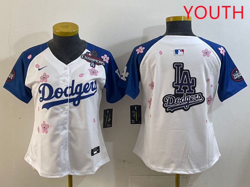 Youth Los Angeles Dodgers Blank White Blue Sakura Edition 2025 Nike MLB Jersey style 19->youth mlb jersey->Youth Jersey